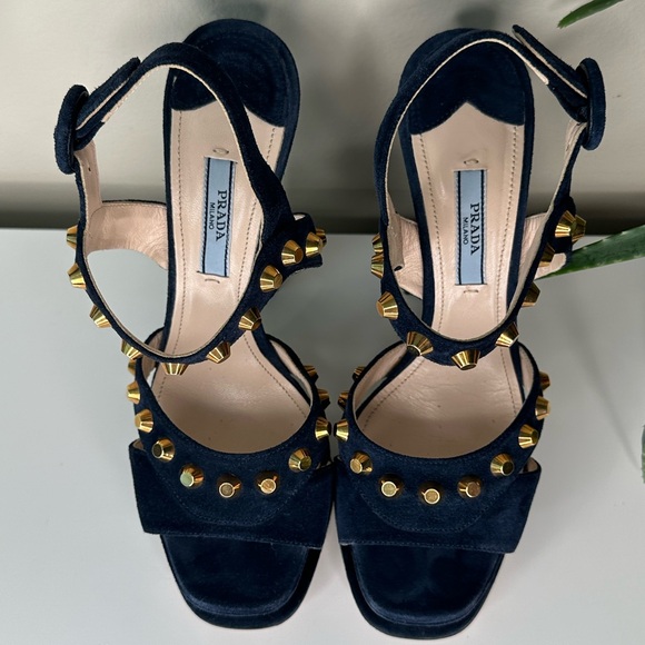 PRADA Navy Blue Suede Gold Stud Platform Sandals Heels 37.5 Italy - Picture 7 of 13